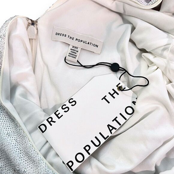 NWT Dress the Population White Emilia Sequin Long Sleeve Ruched Dress XXS $285 - Picture 6 of 10